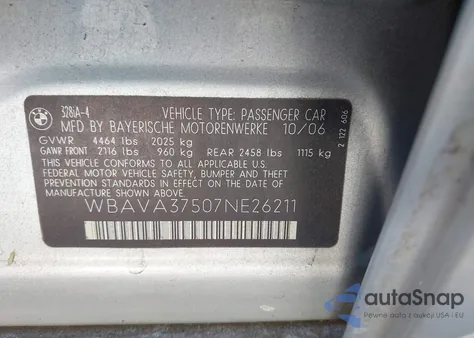 2007 BMW 328I из США, поврежденный, VIN WBAVA37507NE26211